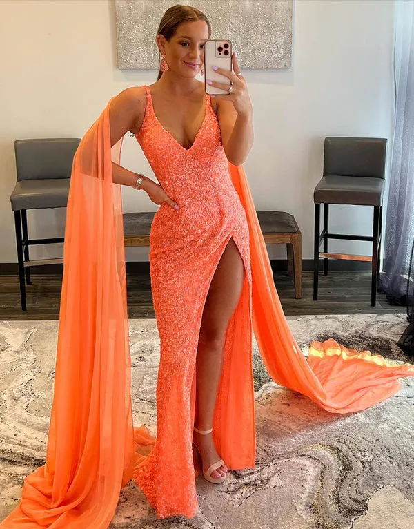 Luolandi Mermaid V Neck Sequin Prom Dress with Slit Sparkly Solid Color Sexy Evening Dress