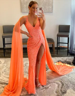 Luolandi Mermaid V Neck Sequin Prom Dress with Slit Sparkly Solid Color Sexy Evening Dress
