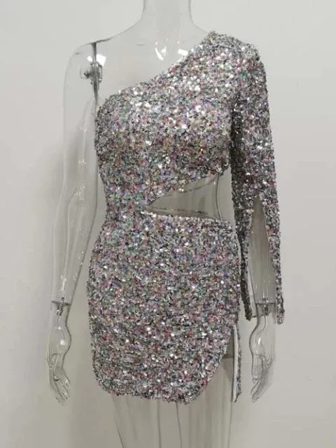 Luolandi One Shoulder Glitter Sequin Mini Dress Sparkly Homecoming Dress Party Dress