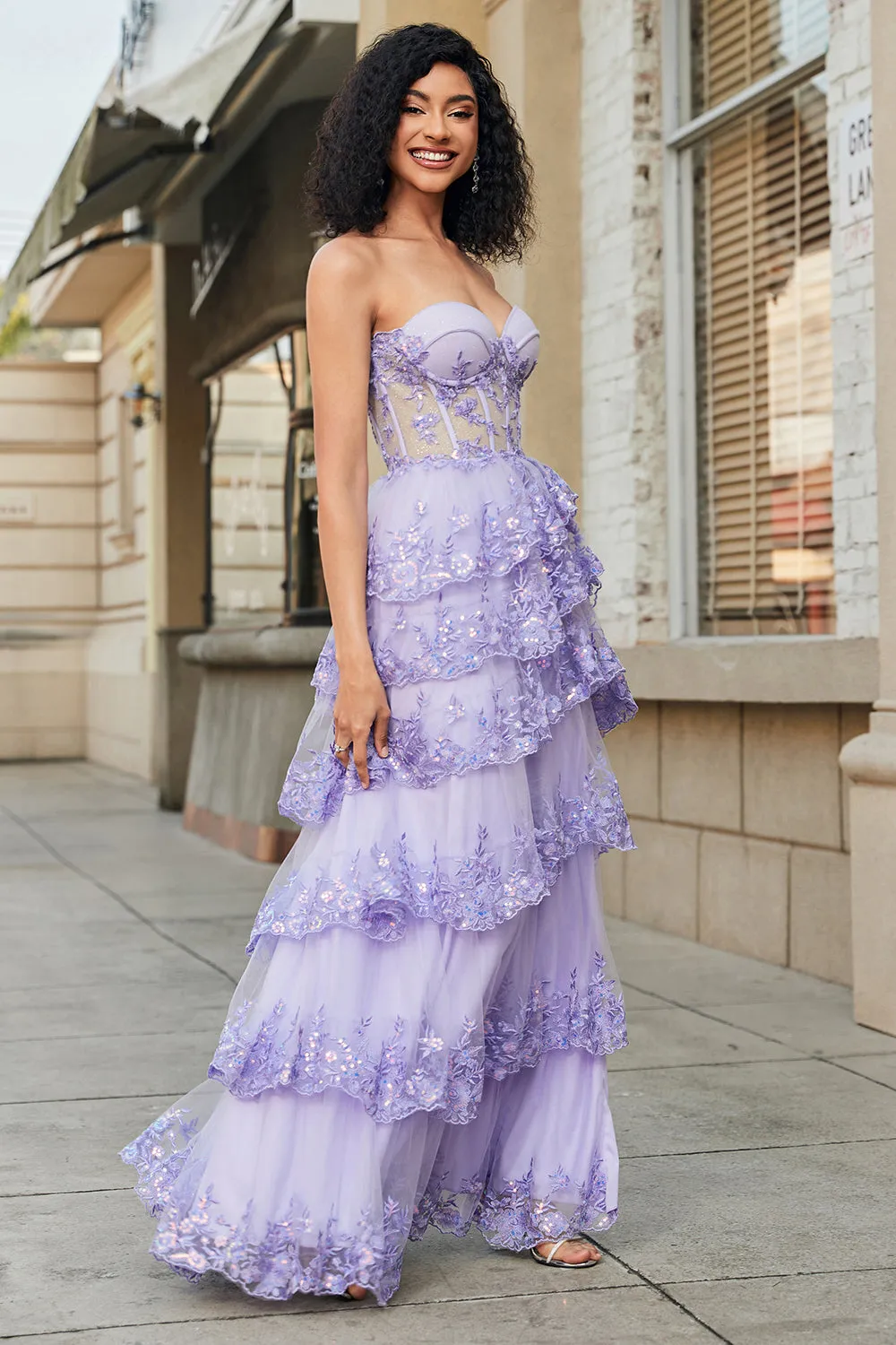 Luolandi Princess Purple A-Line Sweetheart Tiered Sparkly Sequin Tulle Long Prom Dress Off Shoulder