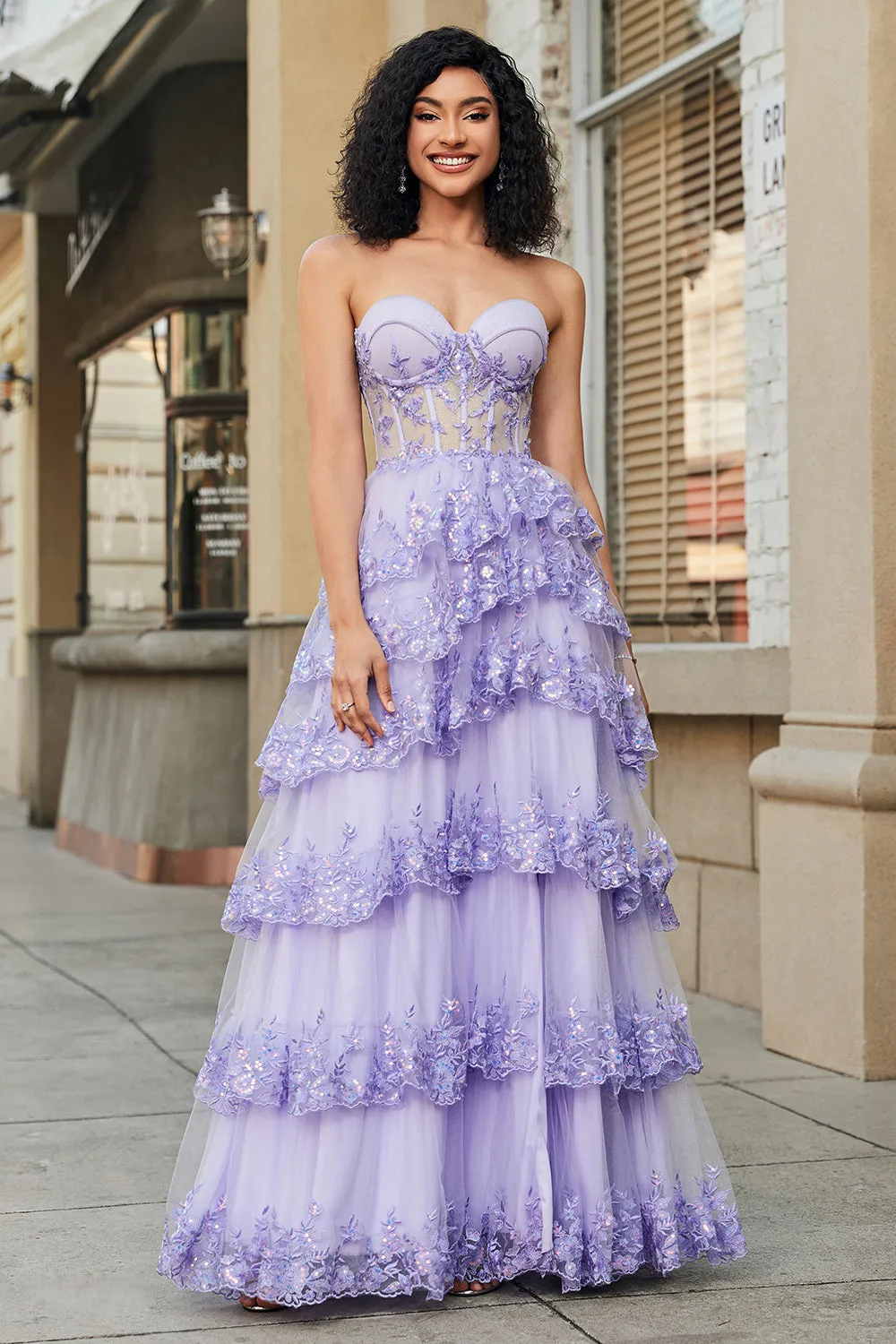 Luolandi Princess Purple A-Line Sweetheart Tiered Sparkly Sequin Tulle Long Prom Dress Off Shoulder