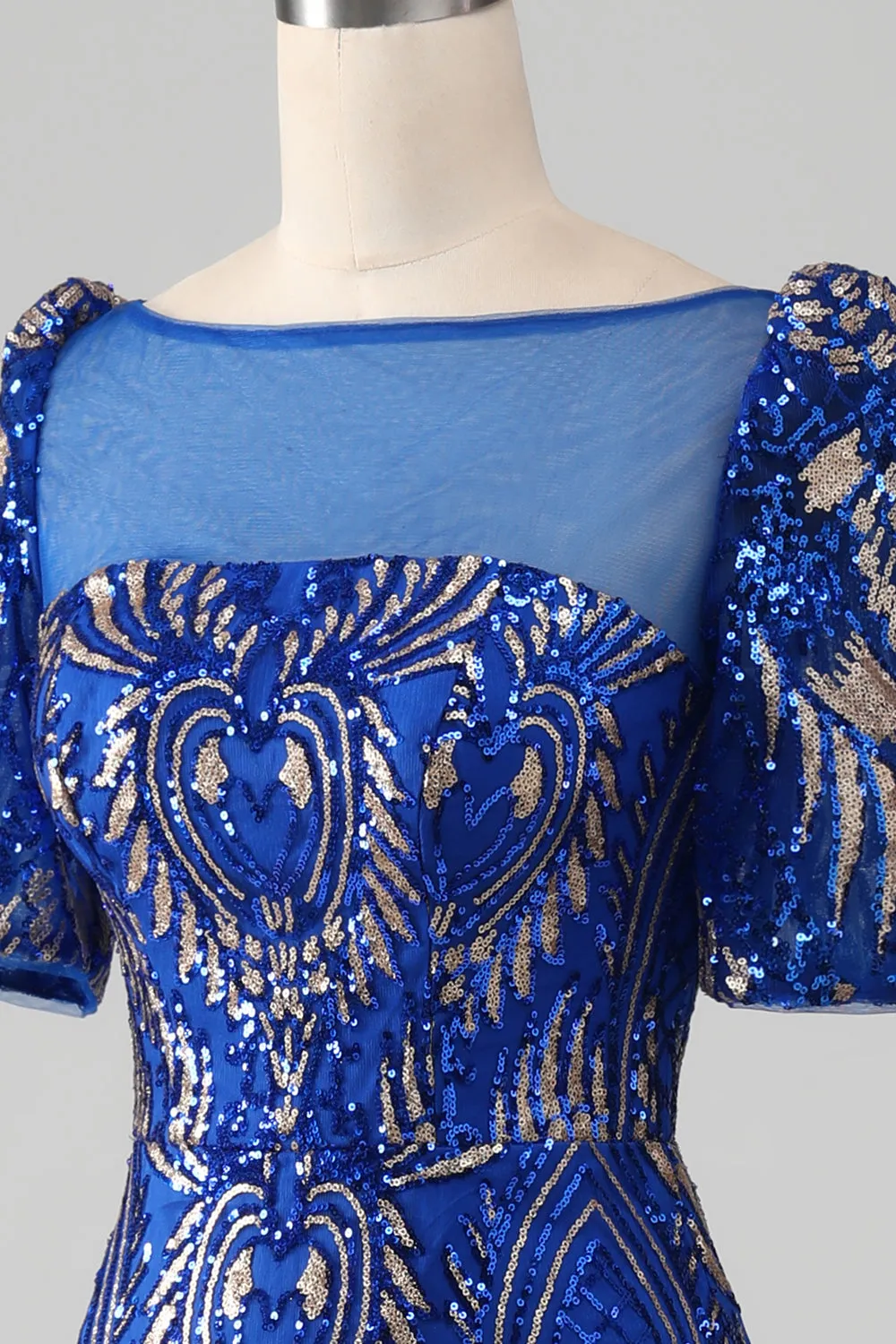 Luolandi Royal Blue Mermaid Sparkly Sequin Long Prom Dress with Short Sleeves Floor Length Elegant Evening Dress