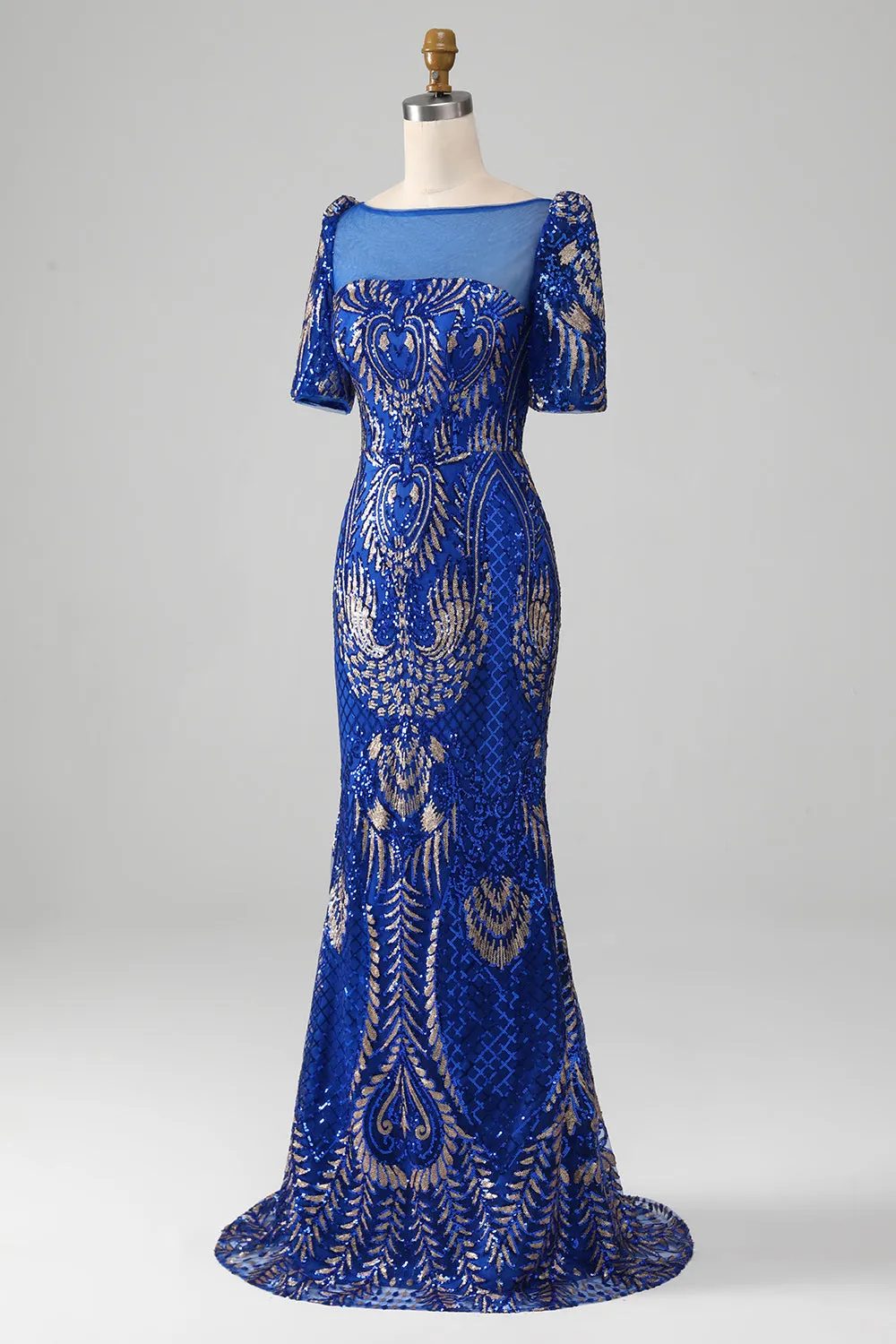 Luolandi Royal Blue Mermaid Sparkly Sequin Long Prom Dress with Short Sleeves Floor Length Elegant Evening Dress