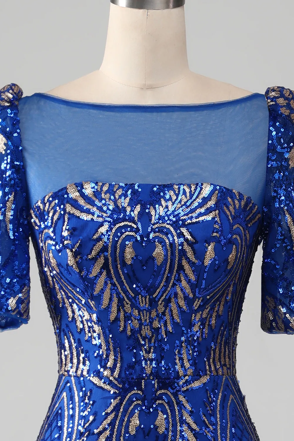 Luolandi Royal Blue Mermaid Sparkly Sequin Long Prom Dress with Short Sleeves Floor Length Elegant Evening Dress