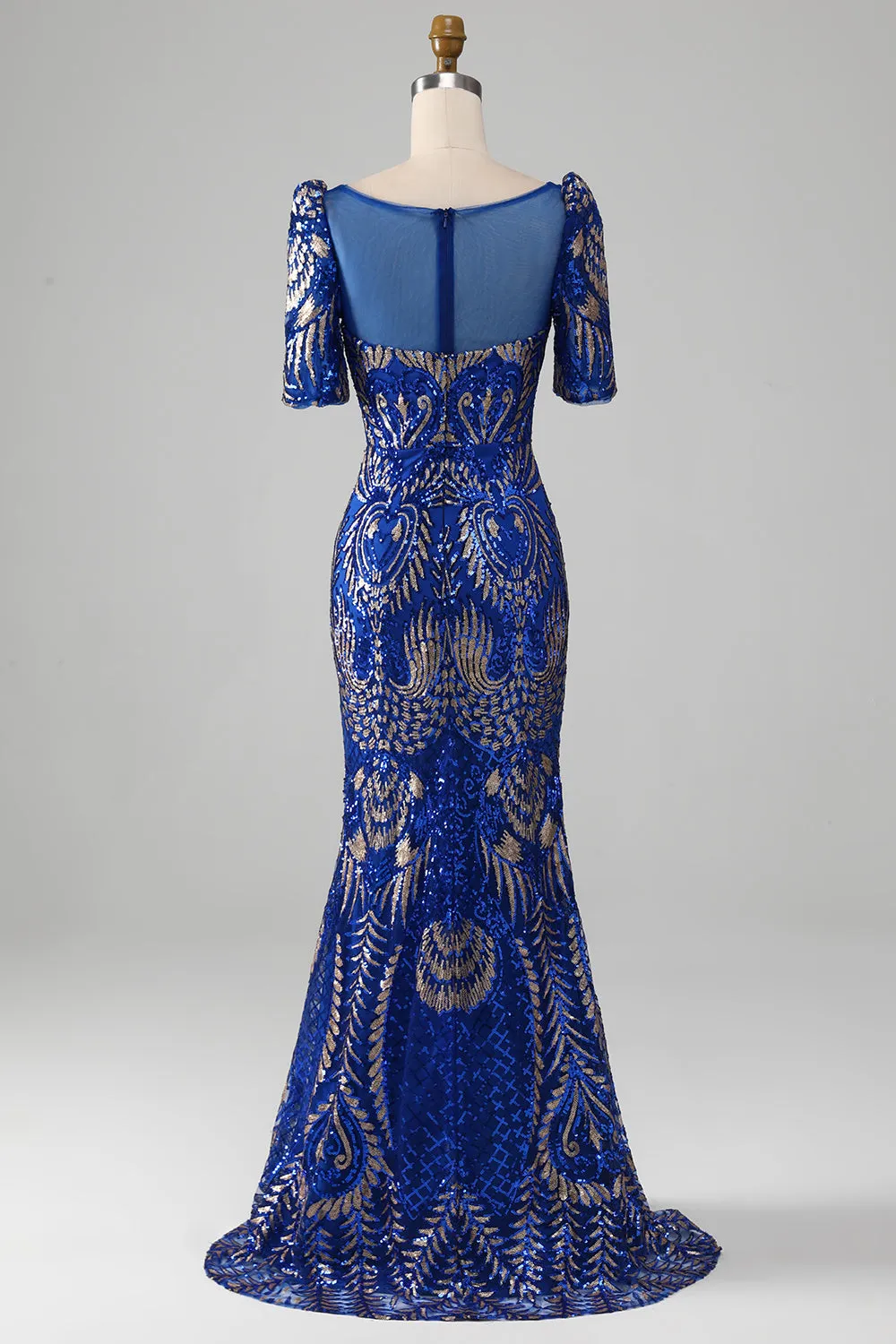Luolandi Royal Blue Mermaid Sparkly Sequin Long Prom Dress with Short Sleeves Floor Length Elegant Evening Dress