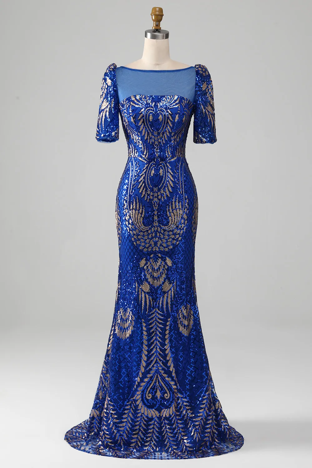 Luolandi Royal Blue Mermaid Sparkly Sequin Long Prom Dress with Short Sleeves Floor Length Elegant Evening Dress