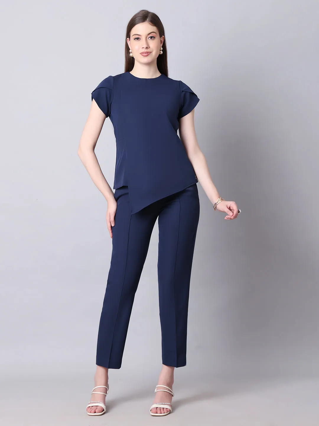 Navy Blue Blended Iconic Asymetrical Top & Straight Fit Trouser