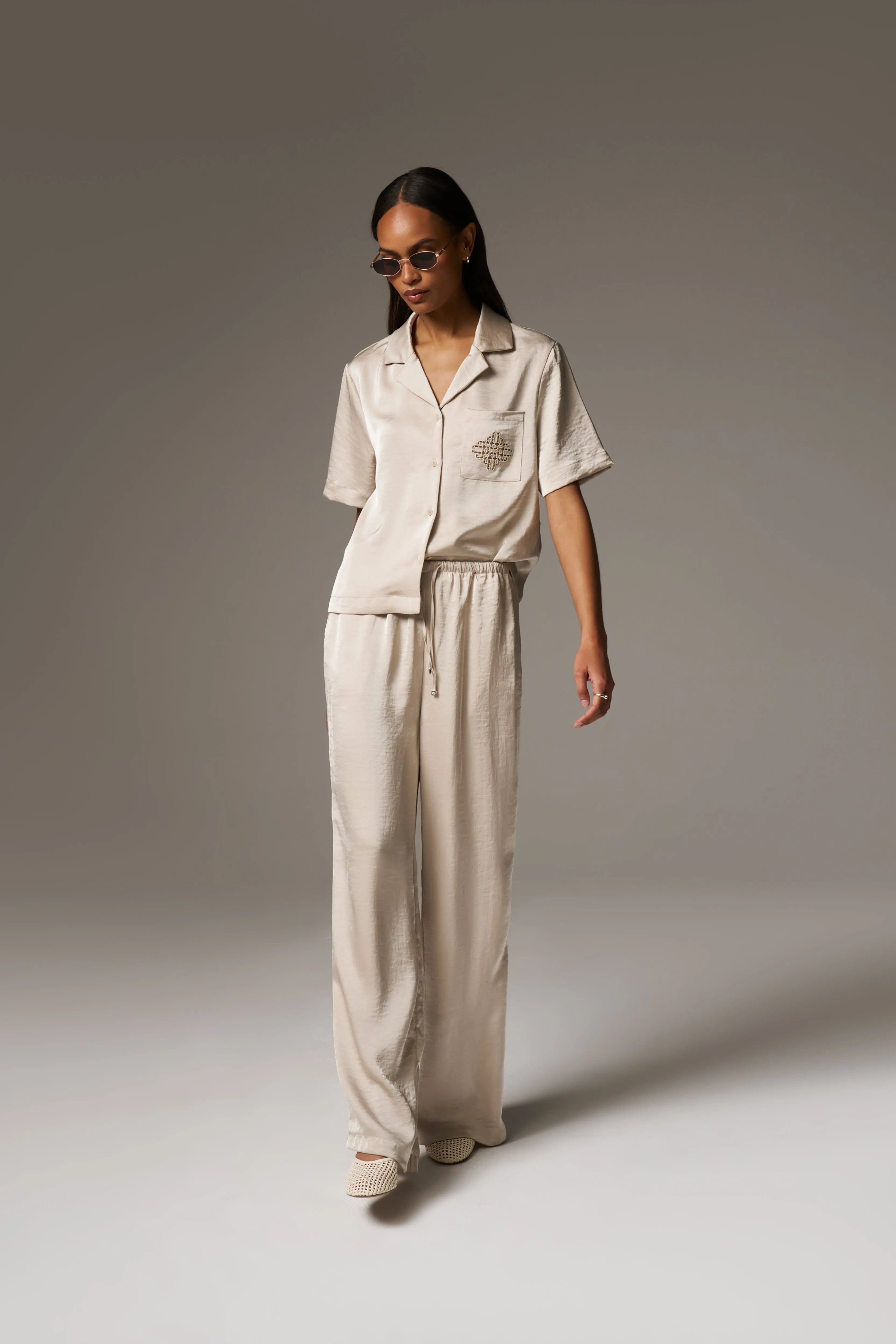 SATIN WIDE LEG EMBLEM TROUSERS - BEIGE