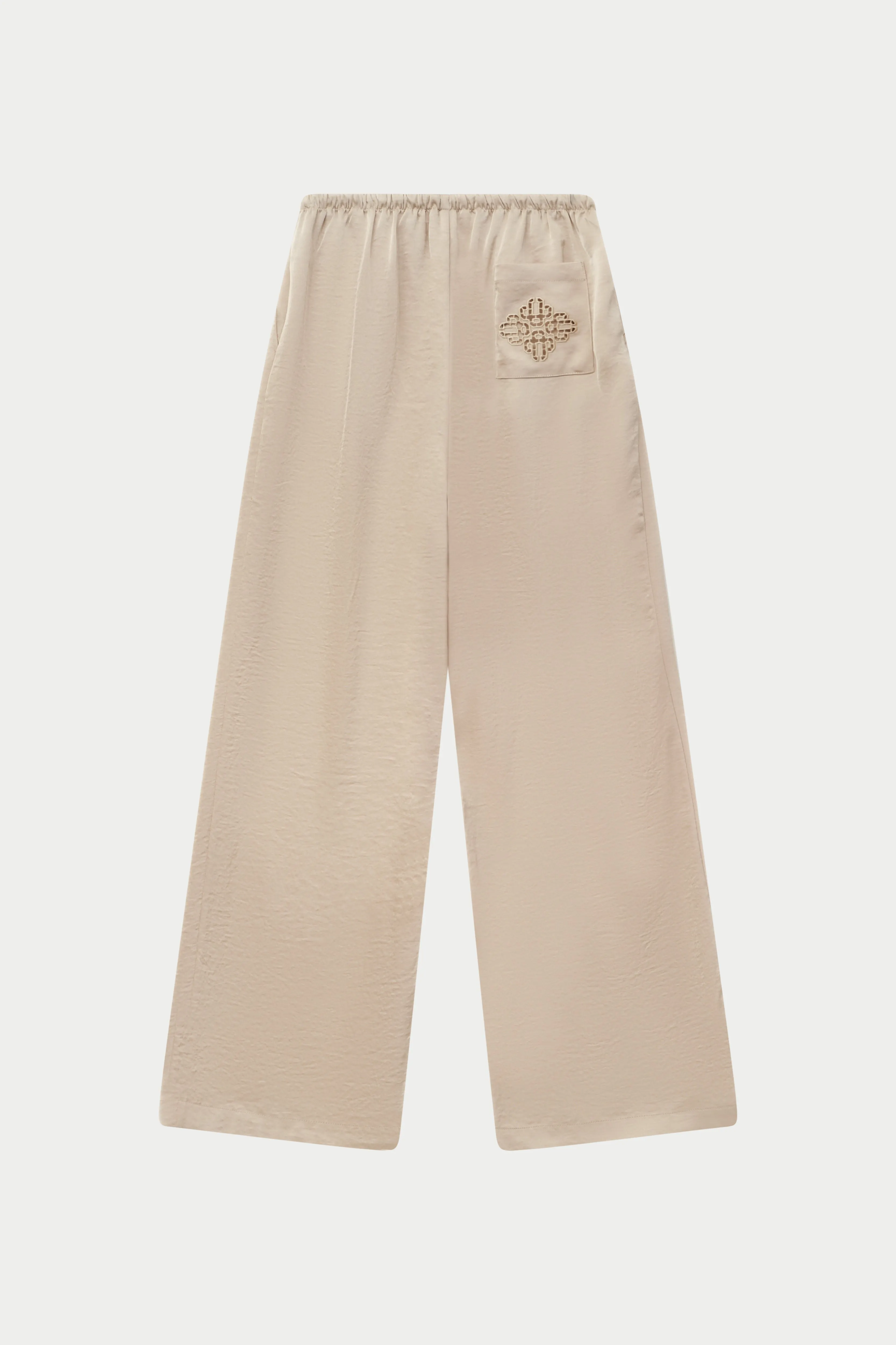 SATIN WIDE LEG EMBLEM TROUSERS - BEIGE