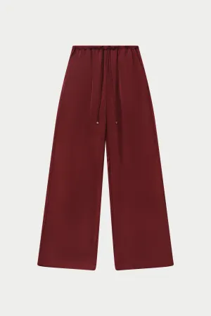 SATIN WIDE LEG EMBLEM TROUSERS - BURGUNDY