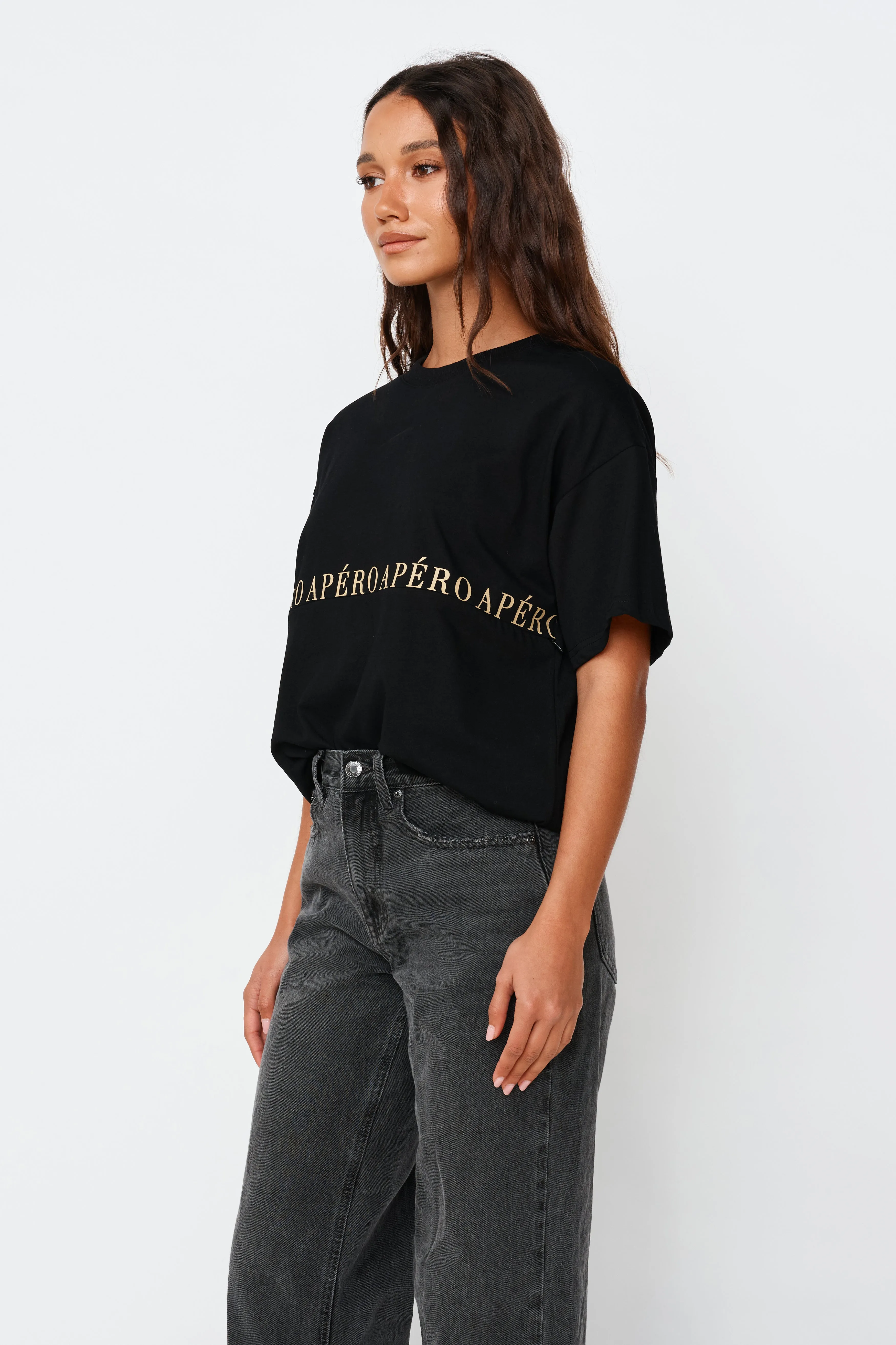 Studio Printed Longline Tee - Black / Beige