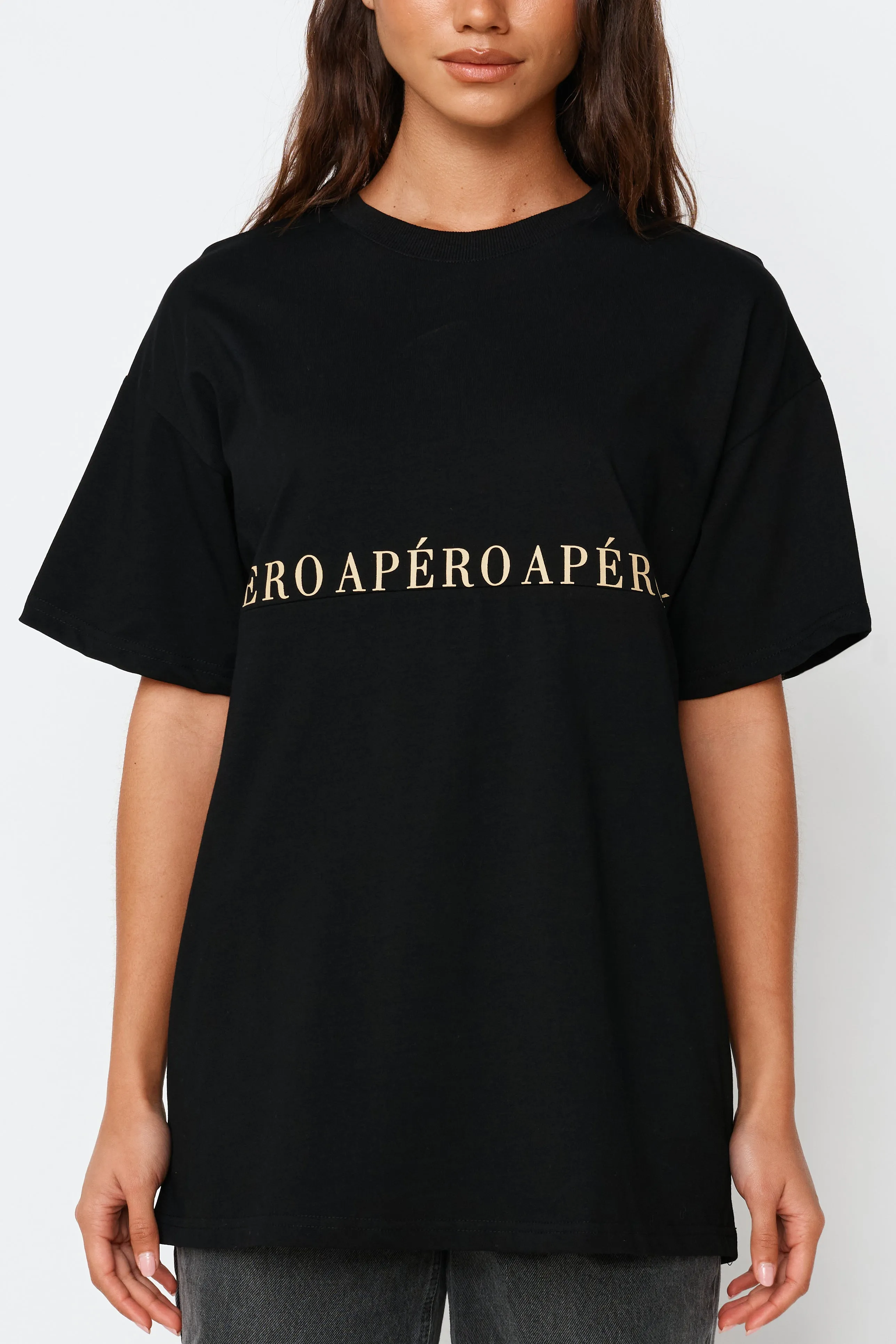 Studio Printed Longline Tee - Black / Beige