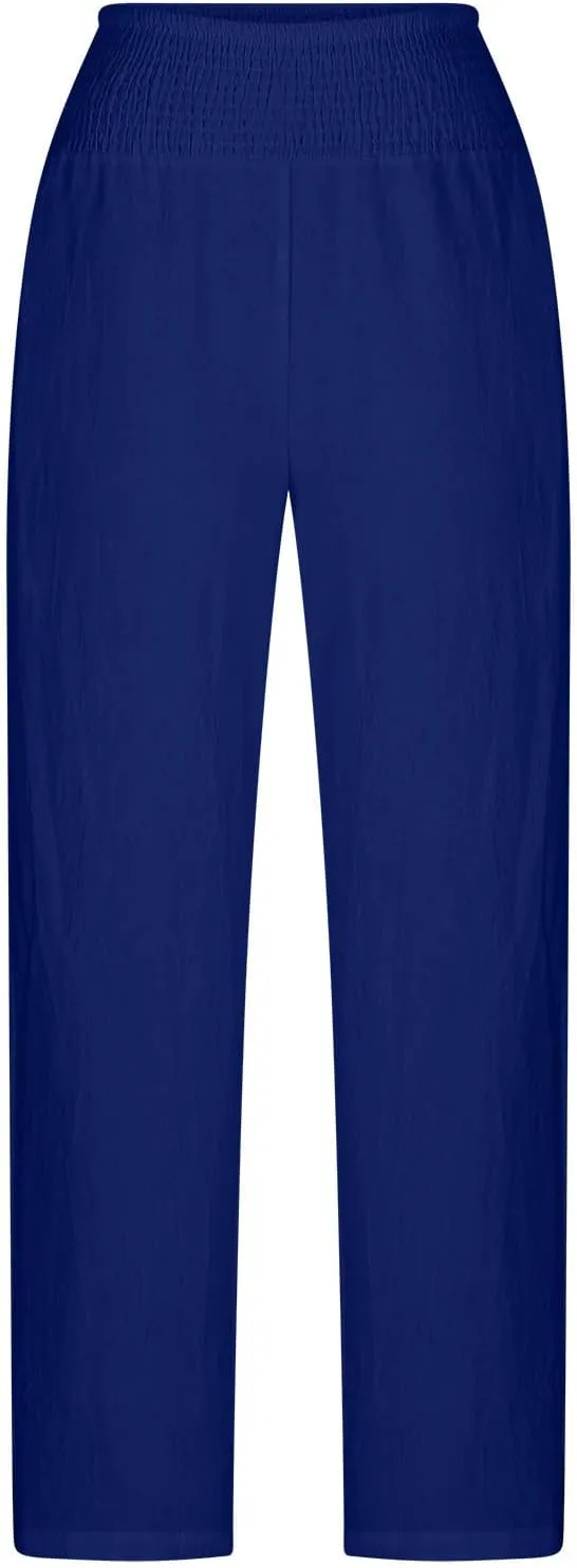 Summer Beach Pants for Women Casual Palazzo Linen Pants Smocked Elastic Waist Loose Trousers with Pockets