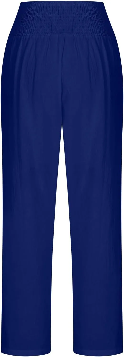 Summer Beach Pants for Women Casual Palazzo Linen Pants Smocked Elastic Waist Loose Trousers with Pockets