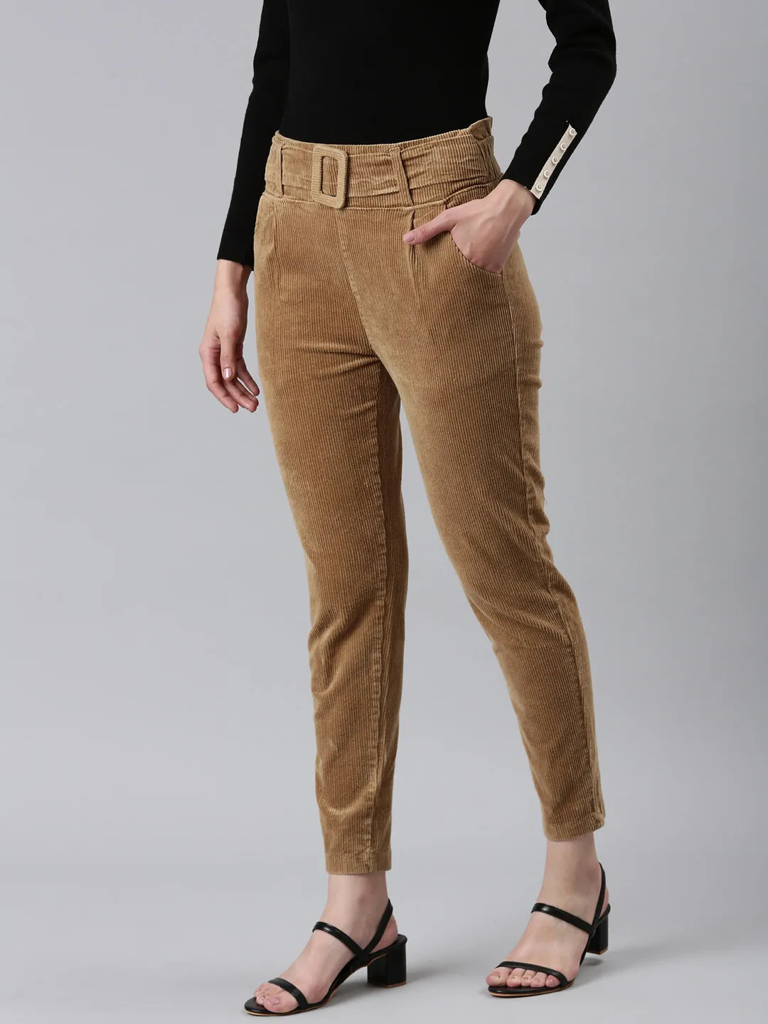 Women Khaki Slim Fit High-Rise Pleated Peg Trousers