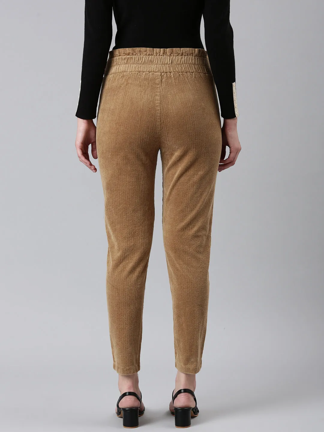 Women Khaki Slim Fit High-Rise Pleated Peg Trousers