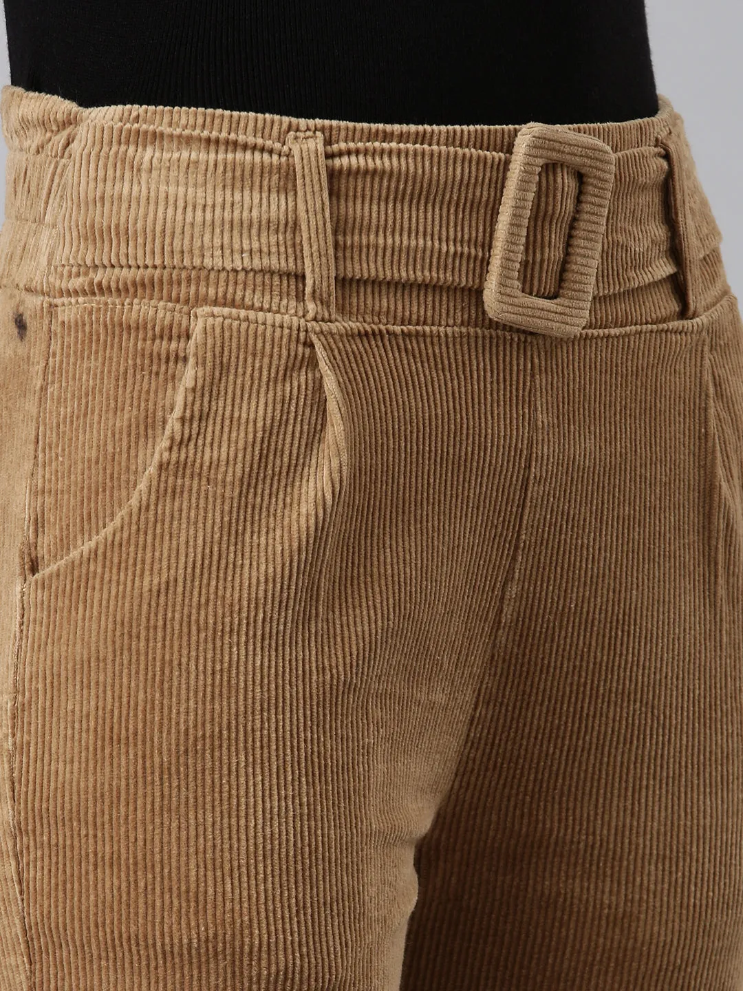 Women Khaki Slim Fit High-Rise Pleated Peg Trousers