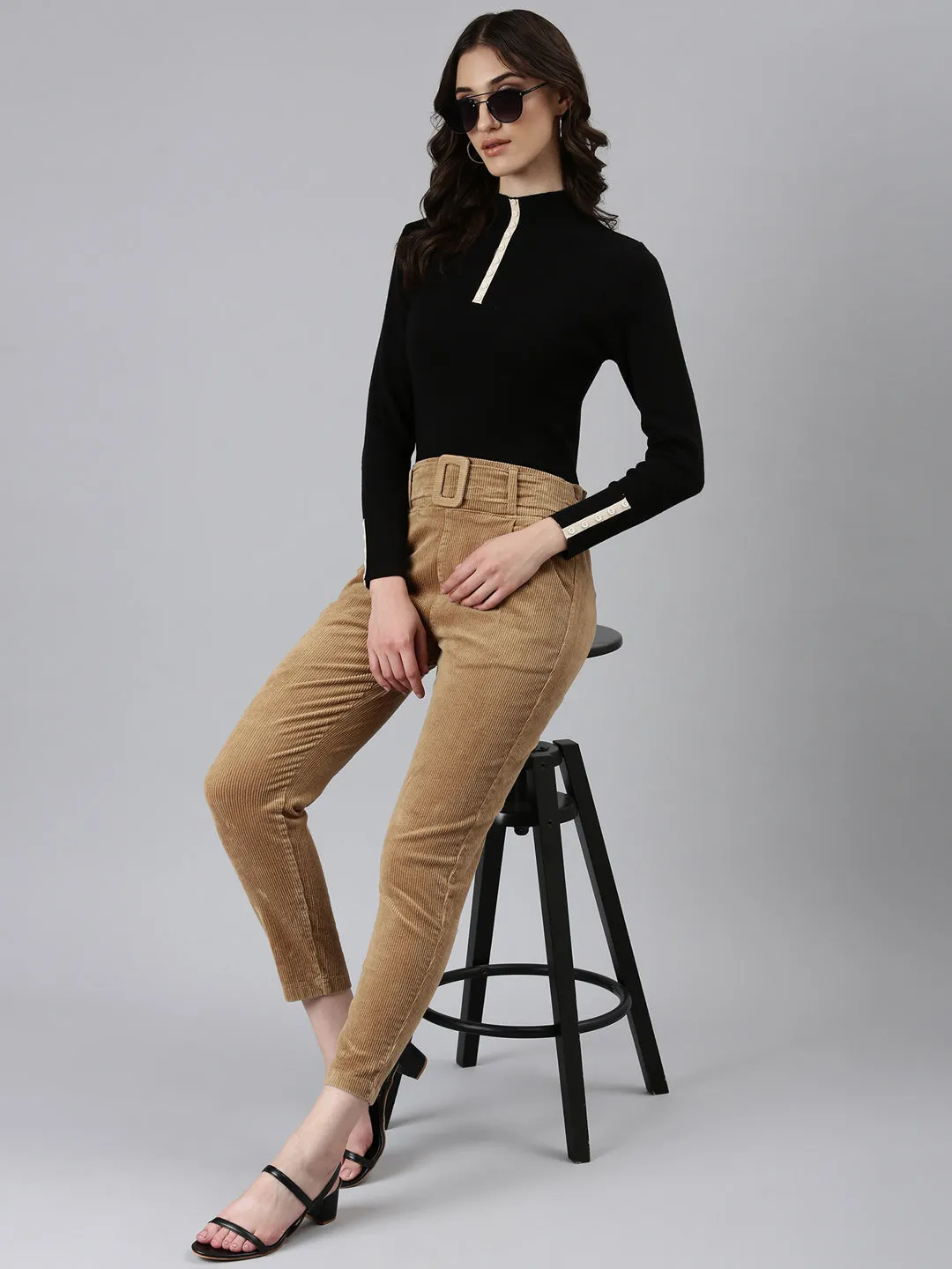 Women Khaki Slim Fit High-Rise Pleated Peg Trousers