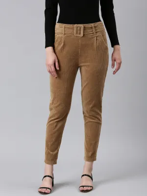 Women Khaki Slim Fit High-Rise Pleated Peg Trousers