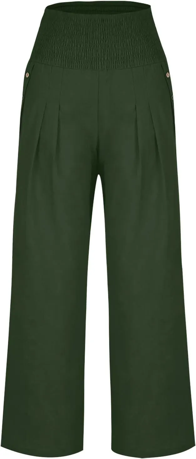 Women Linen Palazzo Pant Summer Boho Pants High Waist Pants Wide Leg Pants Cotton Flowy Trousers with Pocket