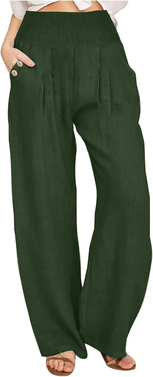 Women Linen Palazzo Pant Summer Boho Pants High Waist Pants Wide Leg Pants Cotton Flowy Trousers with Pocket