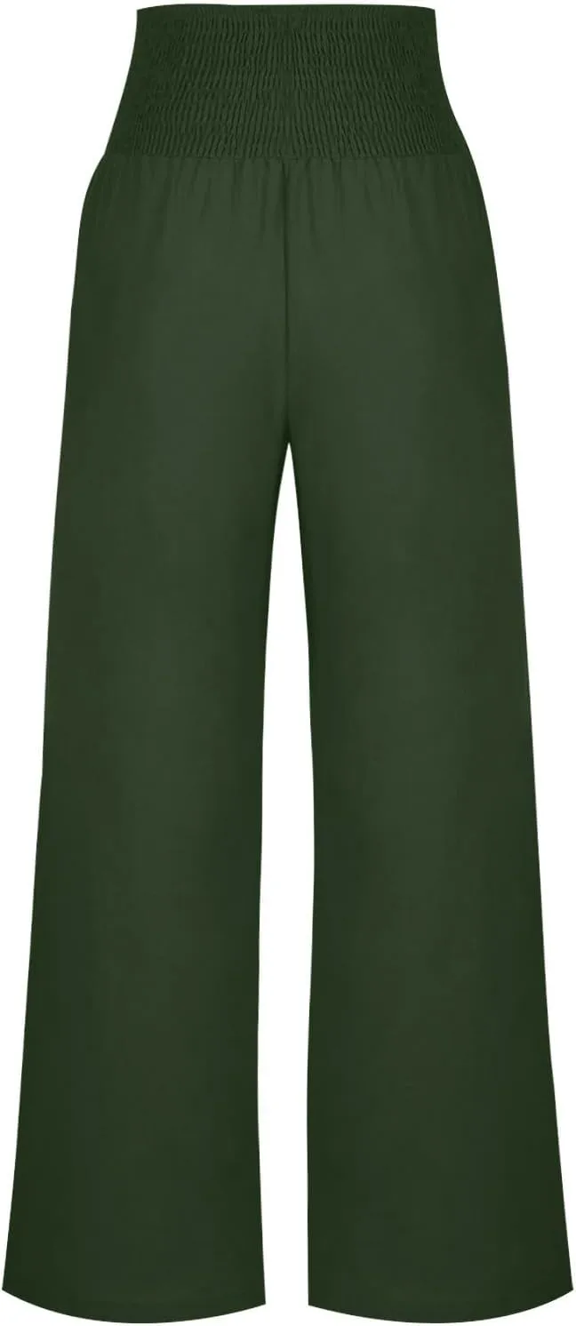 Women Linen Palazzo Pant Summer Boho Pants High Waist Pants Wide Leg Pants Cotton Flowy Trousers with Pocket