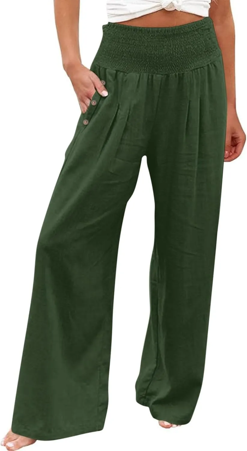 Women Linen Palazzo Pant Summer Boho Pants High Waist Pants Wide Leg Pants Cotton Flowy Trousers with Pocket