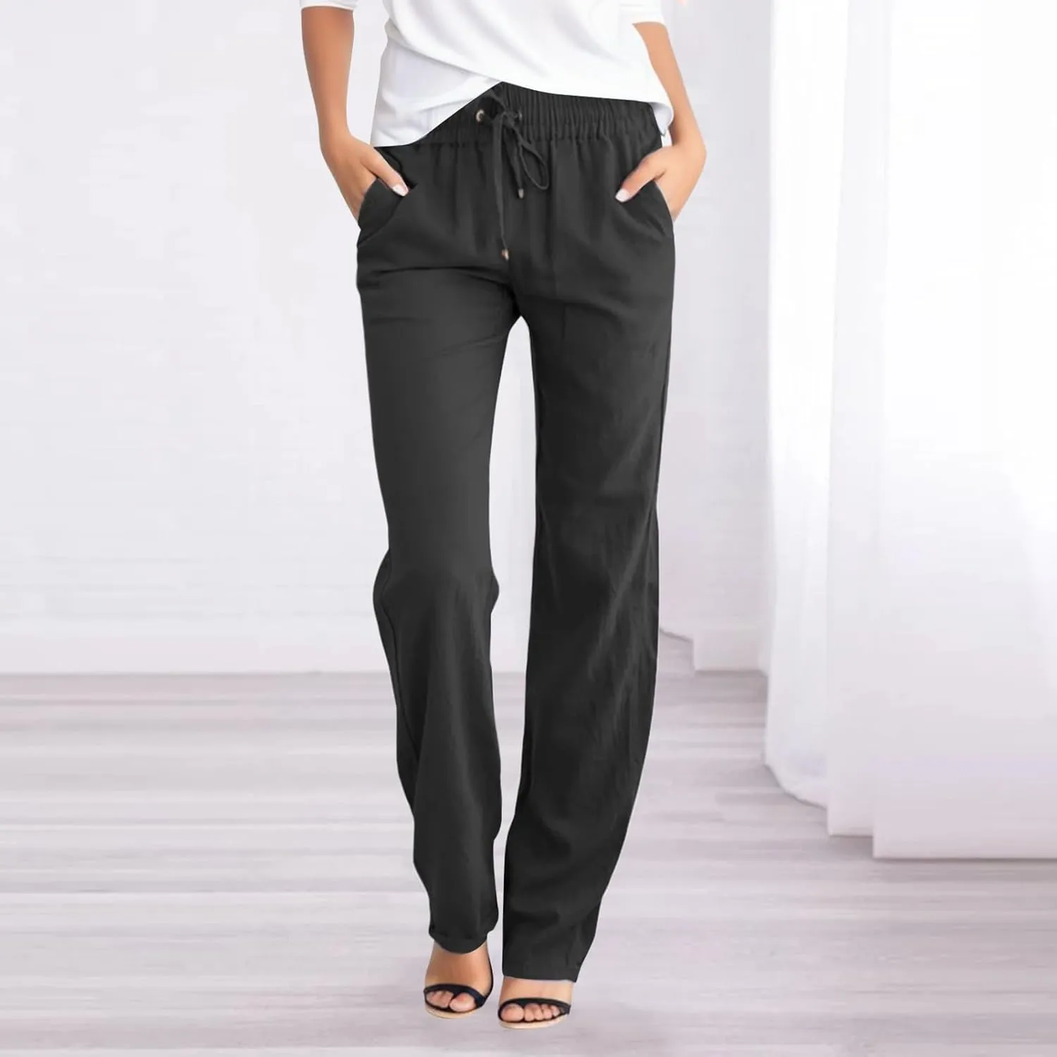 Women Linen Pants Straight Leg Drawstring Elastic High Waist Loose Comfy Trousers with Pockets